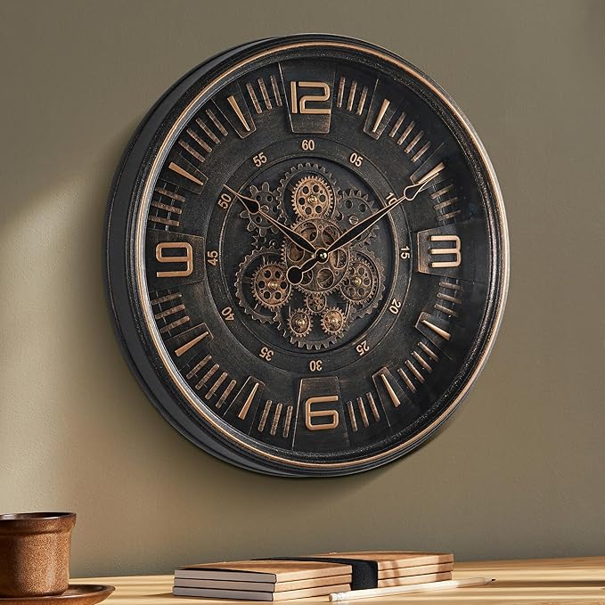 20in Large Real Moving Gears Wall Clock for Living Room, Battery Operated Wall Clocks Decorative Vintage, Home Office Clock, Gift for Family, Friends-Ruum Studio Home