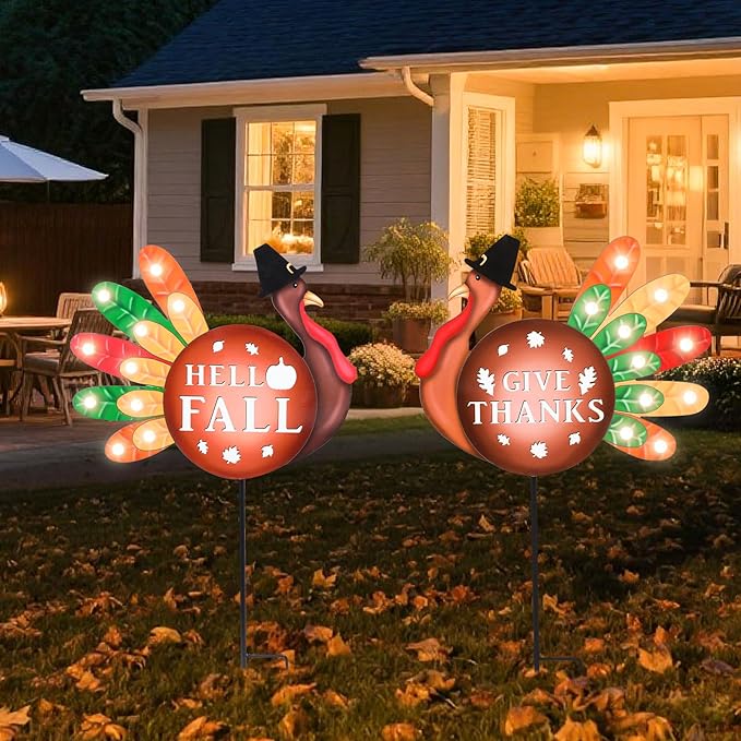 2 PCS Happy Fall Yard Signs Metal Thanksgiving Decorative Garden Stakes with Led Light Turkey Give Thanks Yard Stakes Fall Harvest Lawn Garden Lawn Pathway Decor-Ruum Studio Home