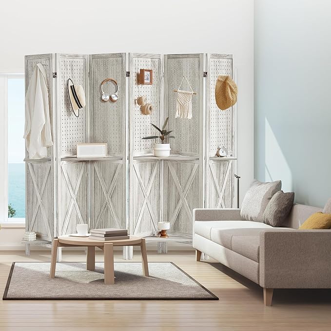 6 Panel Pegboard Display with 24 Hooks, Wooden Pegboard Room Divider Wall with Shelf, Rustic Room Dividers and Folding Privacy Screens, Bedroom, Jewelry Store, White-Ruum Studio Home