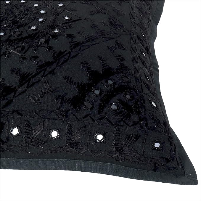 Eyes of India Embroidered Decorative Boho Throw Pillow Cover with Mirrors, Handmade Bohemian Accent Cushion Case for Sofa Couch Bedroom Living Room (Black, 16" x 16")-Ruum Studio Home