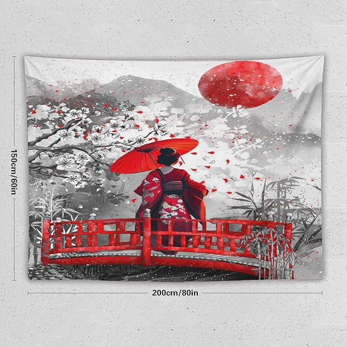 Japanese Red Geisha Tapestry Asian Cherry Blossom Red Sun Traditional Kimono Folk Tapestries Home Decor for Living Room Bedroom Apartment Farmhouse Dorm 80"x60"-Ruum Studio Home