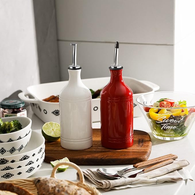 Sweejar Ceramic Olive Oil Dispenser Bottle, Opaque Oil Cruet Protects Oil to Reduce Oxidation, Suitable for Storage Oil, Vinegar, Coffee Syrups & Other Liquids, Pack of 1, 15.5 Fl Oz (Red)-Ruum Studio Home