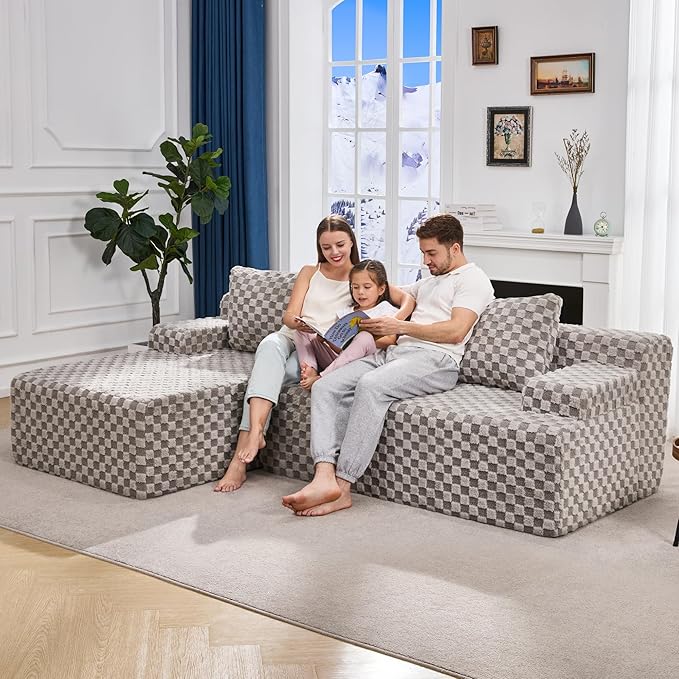 Hobestluk 96” Modular Sectional Sofa Couches L-Shape Couch 3 Seat Modular Sofa Memory Foam Sectional Couches for Living Room, Cloud Couch with Oversized Chaise (Grey, Checked (Left Facing Chaise))-Ruum Studio Home