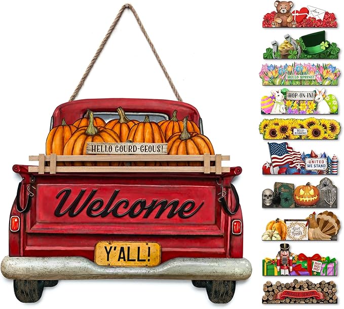 Interchangeable Welcome Sign for Front Door Red Farmhouse Truck Decor Hanging Sign with 11 Interchangeable Seasonal and Holiday Decor Signs 12x14 in. (Country Rustic)-Ruum Studio Home