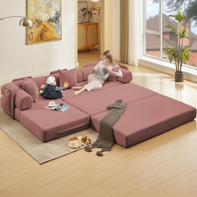 107" Oversized Convertible Sleeper Sofa Bed, Corduroy L Shape Sectional Couch, Folding Sofa Bed with Side Pocket, Modern Cloud Floor Mattress Couch, Modular Sofa for Living Room, Pink-Ruum Studio Home
