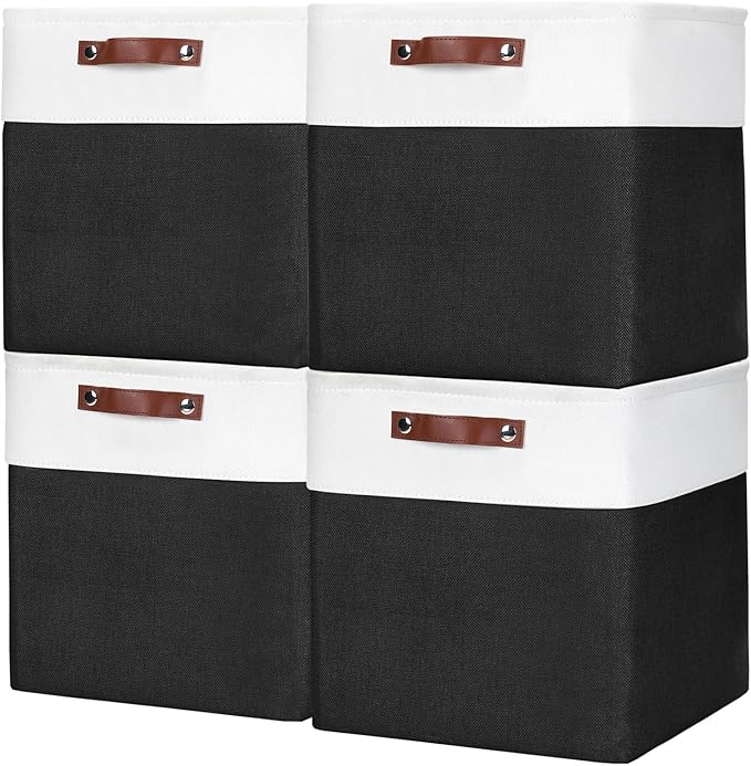13x13 Cube Storage Bins, Collapsible Fabric Storage Box, 4 Pack Closet Baskets with Handles for Organizing, Shelf, Toys, Clothes, Home, Office, Nursery (Black&White)-Ruum Studio Home