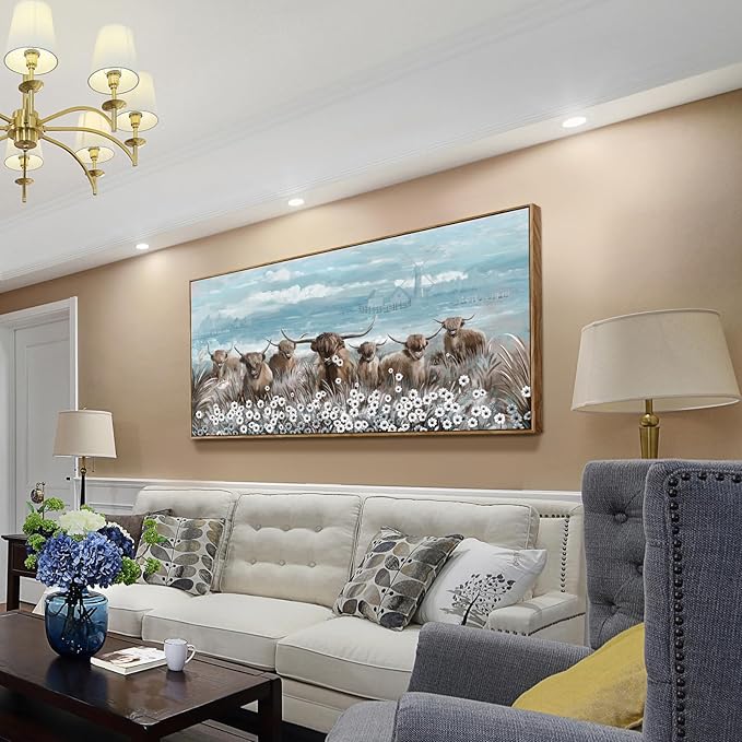 Extra Large Framed Wall Art for Living Room Big Boho Farmhouse Highland Cow Canvas Artwork Flower and Animal Picture Rustic Coastal Blue and Brown Decor for Office Bedroom Kitchen-Ruum Studio Home