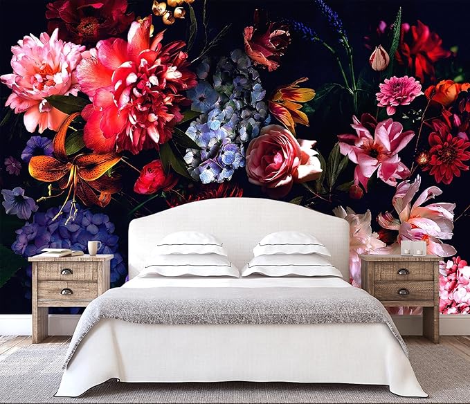 WFBHUA-Dark Floral Wallpaper Watercolor Pink and Blue Flower Wall Mural for Bedroom (Not Peel and Stick)-Ruum Studio Home