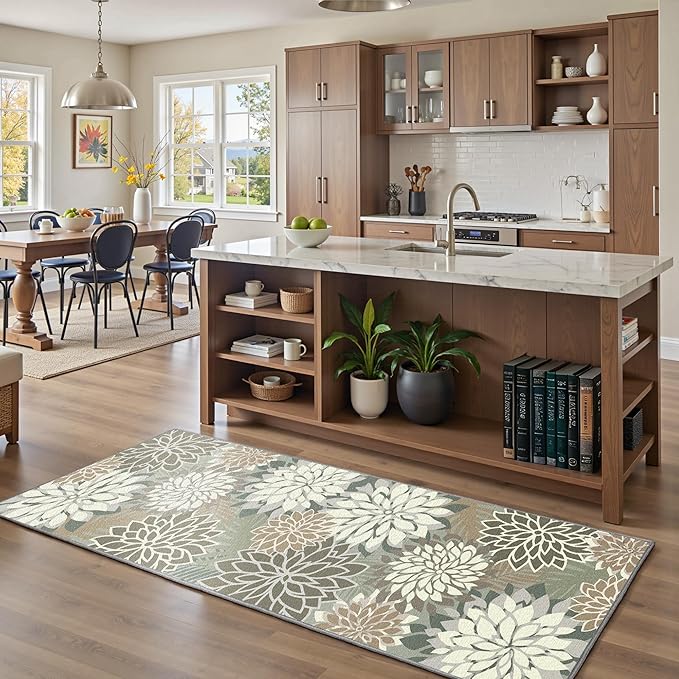 Area Rug 2x6 Brown White Washable Entry Rug Multicolored Tropical Botanical Modern Floral Indoor Kitchen Door Mat Entrance Carpet Non Slip for Bedroom Living Room, Porch-Ruum Studio Home