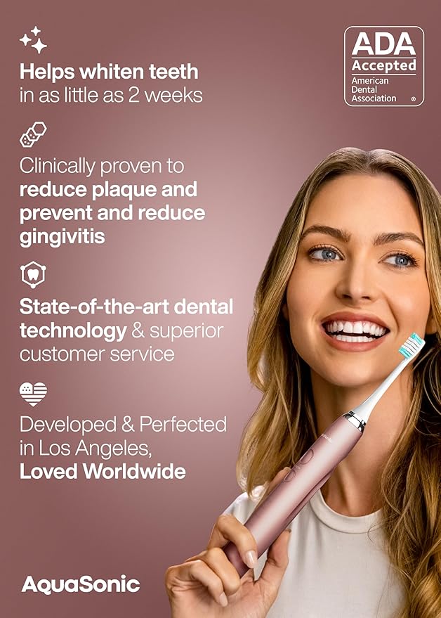 Aquasonic Vibe Series Ultra-Whitening Toothbrush – ADA Accepted Electric Toothbrush - 8 Brush Heads & Travel Case – 40,000 VPM Motor & Wireless Charging - 4 Modes w Smart Timer – Satin Rose Gold-Ruum Studio Home
