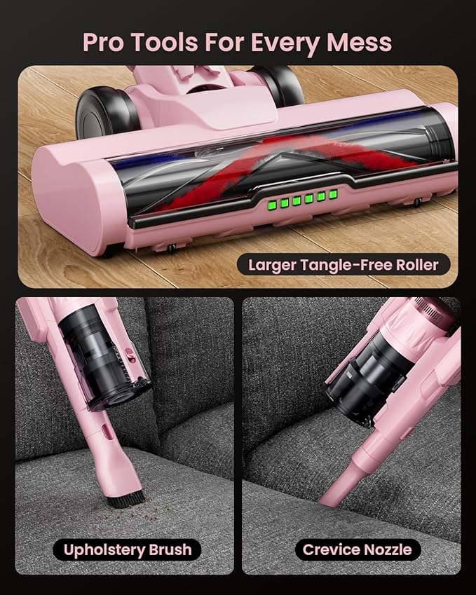Cordless Vacuum Cleaner for Home, Upgraded 60Kpa Powerful Suction Pet Hair Vacuum with 70min Runtime, Green LED Light for Hardwood Floors & Carpet, Self-Standing Rechargeable Stick Vacuum, Pink-Ruum Studio Home
