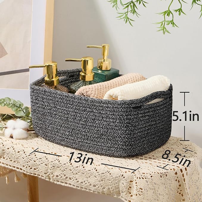 Small Storage Baskets for Organizing | Closet Organizer Bins | Shelf Toy Basket | Woven Rope Baskets | Cube Decorative Box | Shallow Basket | 13x8.5x5.1” | 4 Packs Dark Gray-Ruum Studio Home