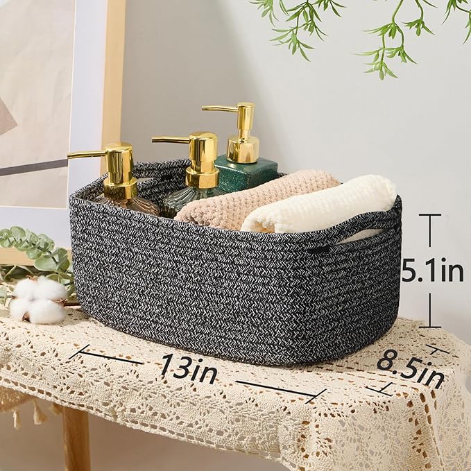 Small Storage Baskets for Organizing | Closet Organizer Bins | Shelf Toy Basket | Woven Rope Baskets | Cube Decorative Box | Shallow Basket | 13x8.5x5.1” | 3 Packs Dark Gray-Ruum Studio Home