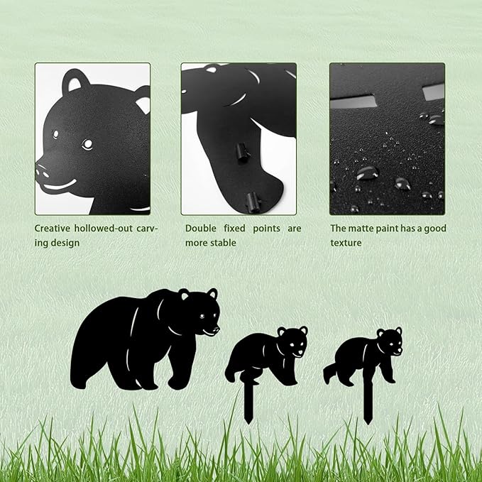 3 Pack Bear Metal Garden Decorative Stakes, Weather Proof Silhouette Statues for Yard, Patio,Outdoor Decor for Bear Lovers and Pet Owners-Ruum Studio Home
