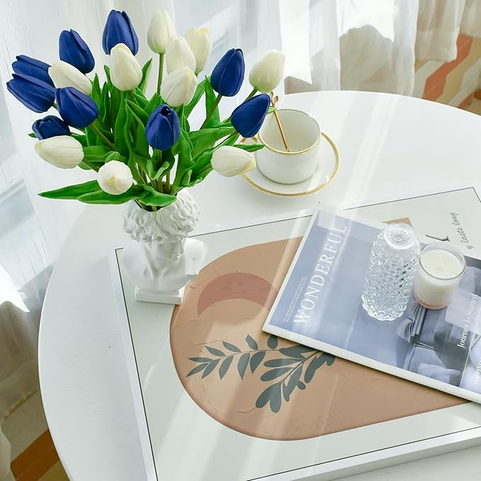 Mandy's Artificial Tulips 20 Stems Blue and White PU Faux Flowers for Wedding Home Decor 13.5 Inch-Ruum Studio Home