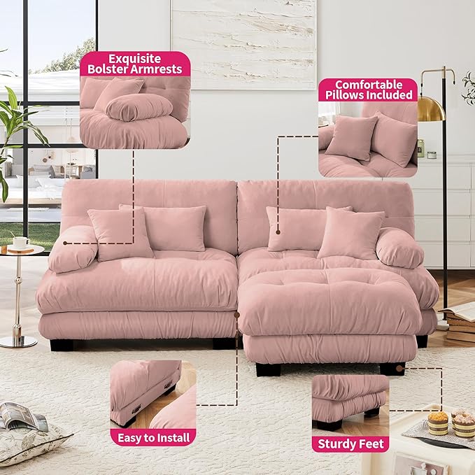 Loveseat Modular Sectional Sofa, L Shaped Couch with Ottoman, Cloud Couch Sectional Couch Home Sofa Living Room Oversized Couch Deep Seat Couch with Round Bolster Armrests 4 Pillows(Pink)-Ruum Studio Home