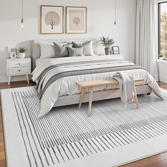 Wonnitar Washable Striped 8x10 Rugs for Living Room, Non-Slip Soft Grey Berber Stripe Bedroom Rug, Low Pile Minimalist Floor Carpet for Dining Room Living Room Office Department (Grey, 8' x 10')-Ruum Studio Home