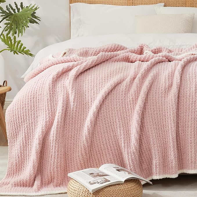 Snuggle Sac Pink Waffle Throw Blanket for Couch Bed Sofa 60x80 inches, Reversible Pink Blanket Microfiber Fluffy Fuzzy Cozy Knit Twin Blanket for Women Mothers Birthday Gifts-Ruum Studio Home