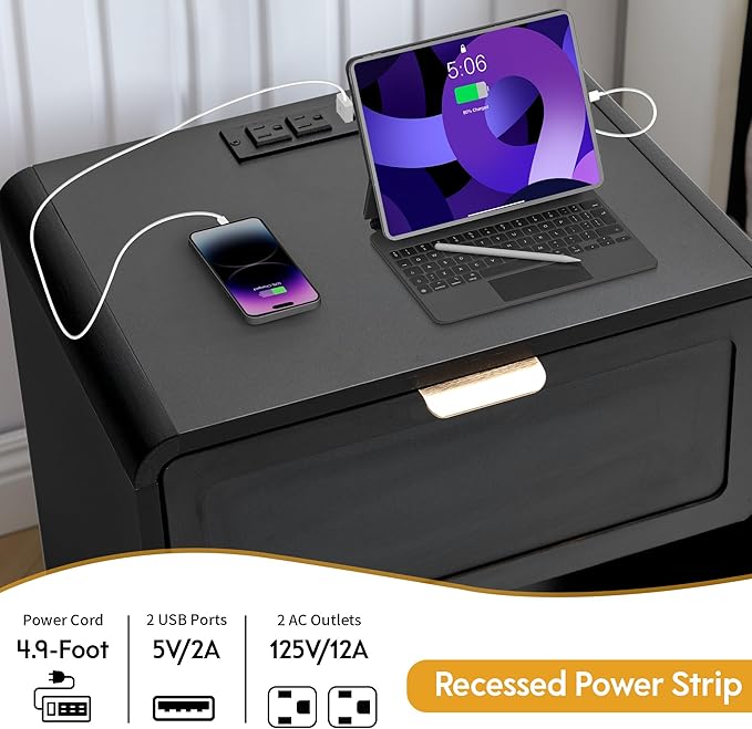 LEVNARY Nightstand with Charging Station, Mid-Century Modern Bedside Table with Curved Top Corners and Storage Drawer, Wooden End Table for Farmhouse Bedroom Living Room (1, Black)-Ruum Studio Home