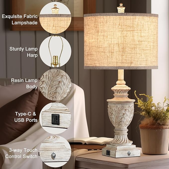 Farmhouse 3-Way Dimmable Touch Table Lamp Set of 2 for Bedroom Living Room with USB A+C Charging Ports 27" Tall Rustic Traditional Nightstand Bedside Lamps White End Table Lamp (2 Bulbs Included)-Ruum Studio Home