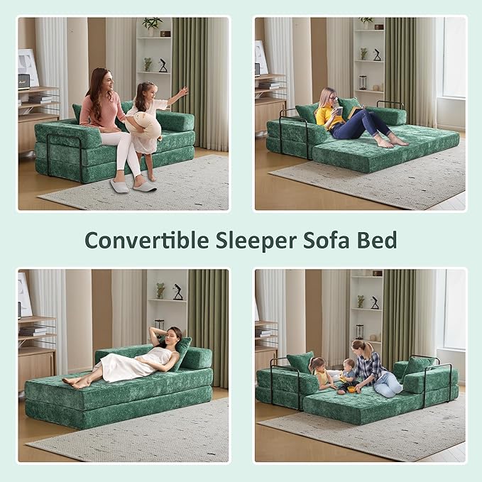 Convertible Sleeper Sofa Bed, Compression Folding Sofa with Pillow, No Assembly Required, Shape Frame, Floor Sofas Lounge Couch for Living Room, Bedroom, Small Spaces(Chenille, 77''W, Dark Green)-Ruum Studio Home