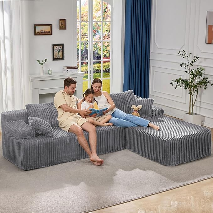 Hobestluk Modular Sectional Sofa Couches 108" L-Shape Couch 3 Seat Modular Sofa Memory Foam Sectional Couches for Living Room, Boneless Couch with Oversized Chaise (Light Grey, Right Facing)-Ruum Studio Home