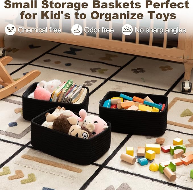 3 Pack Small Storage Baskets for Organizing, Cute Woven Decorative Gift Baskets for Shelves, Mini Closet Organizer Bins with Handles, 11.81''Lx7.87''Wx4.72''H-Black-Ruum Studio Home