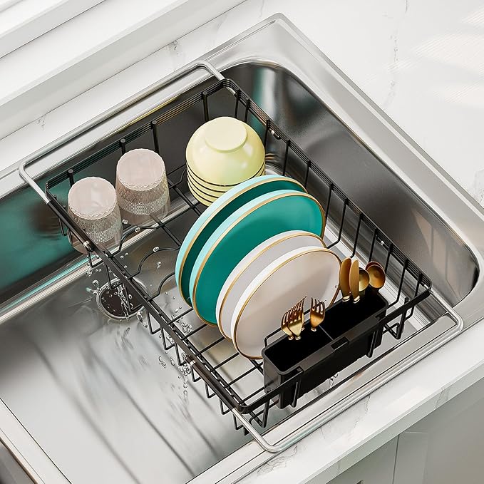 Expandable Dish Drying Rack in Sink, Adjustable Stainless Steel Rustproof Grip Handles Dish Rack Over The Sink, Dish Strainer with Drying Tray & Utensil Holder-Ruum Studio Home
