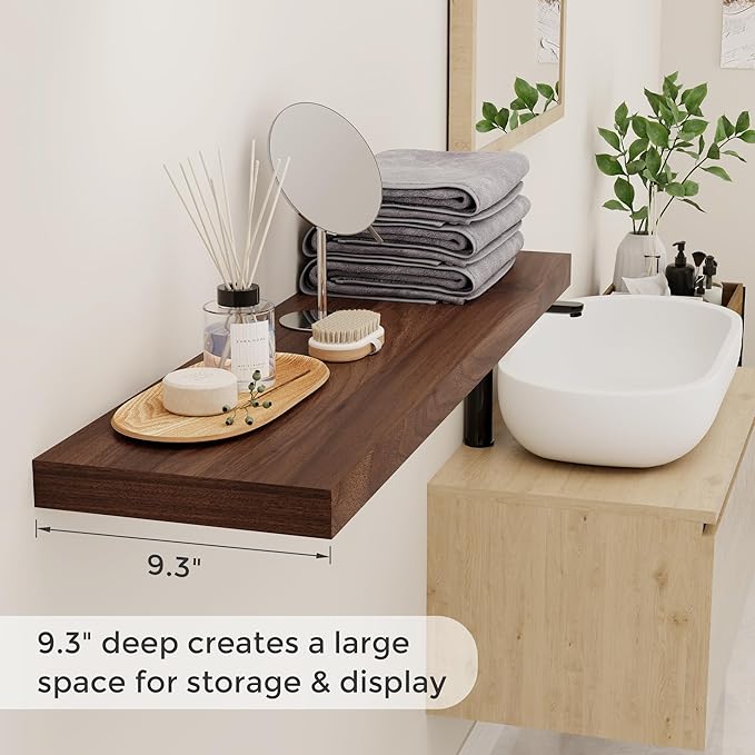 40 Inch Floating Shelvese, 40" W x 9" D Floating Shelf Set of 2, Farmhouse Wood Wall Shelves for Bedroom, Kitchen, Wall Mounted Deep Shelving for Home Decor, Walnut Color-Ruum Studio Home