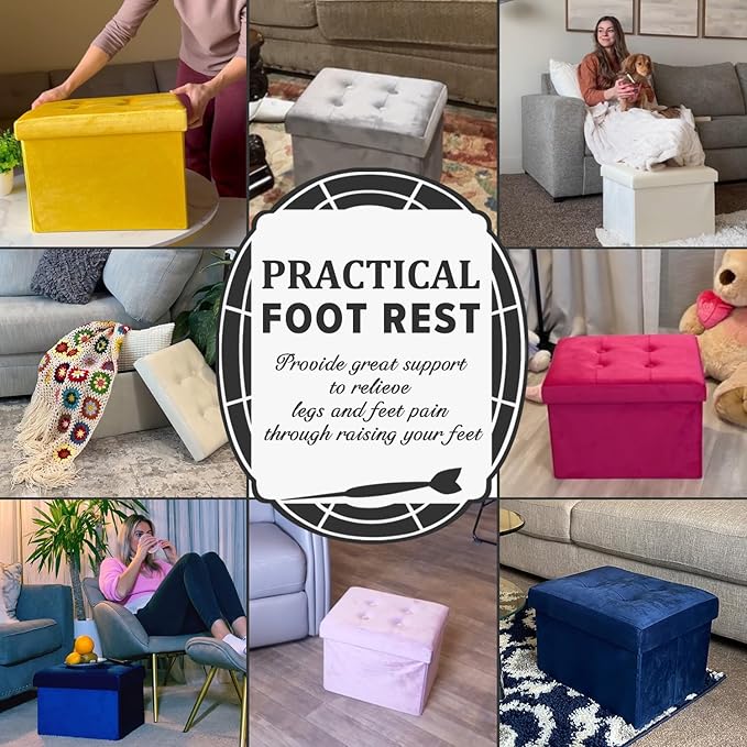 LINMAGCO Storage Ottoman Folding Foot Stool Velvet Footrest with Padded Modern Ottoman with Storage for Living Room Puppy Step Stool 17x13x13in(Jelly Pink)-Ruum Studio Home