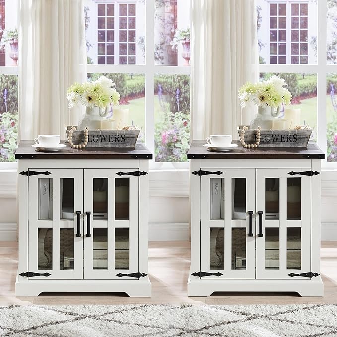Farmhouse End Table with Charging Station,24" Large Side Table with Glass Barn Door, Rustic Wood Nightstand Bedside Table with Adjustable Storage Shelf for Living Room, Bedroom,White,2 Pack-Ruum Studio Home
