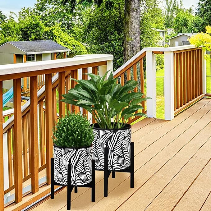 10 & 12 Inches Plant Pot with Stand Set of 2, Decorative Palm Leaves Printing Planter with Holder, Garden Pot for Snake Plant, Monstera, Houseplants - Indoor Outdoor Flower Pots with Drainage Holes-Ruum Studio Home