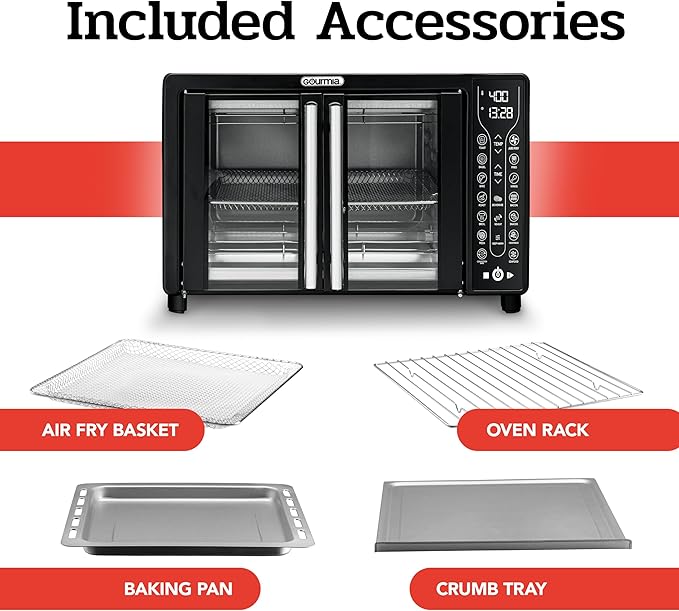 Gourmia Toaster Oven Air Fryer Combo 17 cooking presets 1700W french door digital air fryer oven 24L capacity accessories, convection rack, baking pan tray recipe book GTF7460,Large,Black-Ruum Studio Home