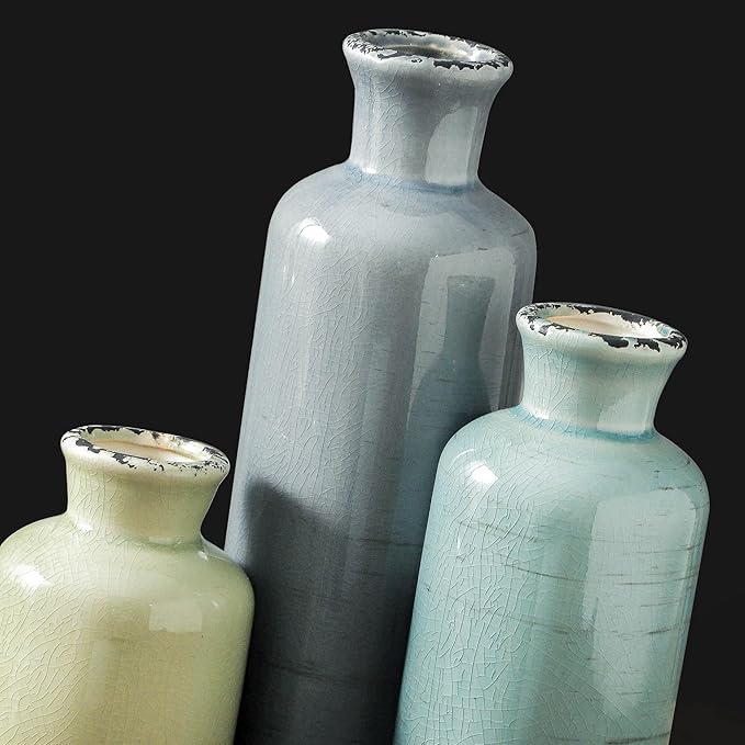 Flower Vase Set of 3, Ceramic Neutral Vases Home Decor, Pottery Rustic Farmhouse Decorative Vases Modern Decor for Table Mantel Entryway Bookshelf Living Room Kitchen Bedroom - Multicolor-Ruum Studio Home