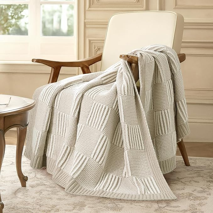 Amélie Home Chenille Knit Throw Blanket for Couch, Checkered Texture Decorative Soft Blanket for Sofa, Bed & Living Room, 50"x60", Khaki & White-Ruum Studio Home