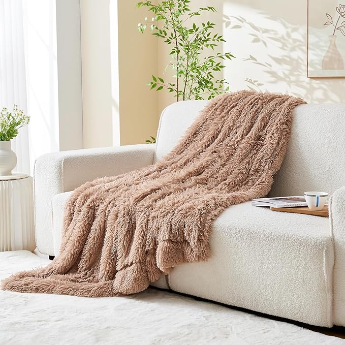 GONAAP Fuzzy Faux Fur Throw Blanket Twin Size Taupe Super Soft Cozy Plush Fuzzy Shaggy Blanket for Couch Sofa Bed (Taupe, Twin(60"x80"))-Ruum Studio Home