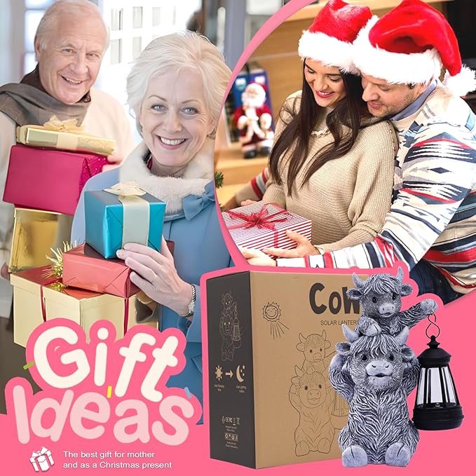 Goodeco 9.5 Inch Highland Cow with Solar Lantern – Resin Garden Decor, Outdoor Statue & Unique Highland Cow Gifts (Gray)-Ruum Studio Home