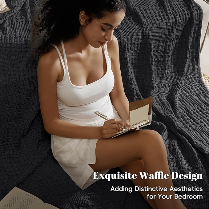 PHF 100% Cotton Waffle Weave Blanket Queen Size, Soft Lightweight Breathable Cozy Summer Blankets for Bed, Luxury Aesthetic Woven Bedding for Home Decor, 90"x90", Black-Ruum Studio Home
