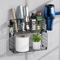 VITVITI Metal Hair Tool Organizer with Toilet Paper Basket, Bathroom Blow Dryer Curling Iron Holder Wall Mount, 2 Tiers Styling Tools Organizer for Straightener with Hooks, Black-Ruum Studio Home