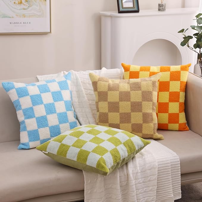Alysheer Checkered Embroidered Decorative Throw Pillow Covers 18"x 18" Set of 2, Farmhouse Cottage Cream Ivory Plaid Tufted Patterned Cotton Canvas Cushion Case for Sofa Couch Bed Living Room-Ruum Studio Home