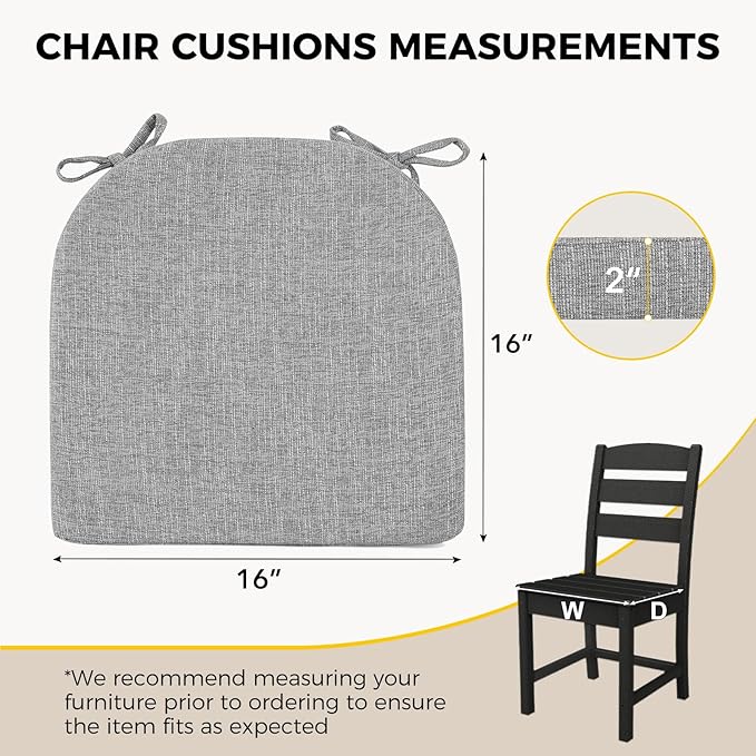 downluxe Indoor Chair Cushions for Dining Chairs, Soft and Comfortable Textured Foam Kitchen Chair Pads with Ties and Non-Slip Backing, 16" x 16" x 2", Light Grey, 4 Pack-Ruum Studio Home