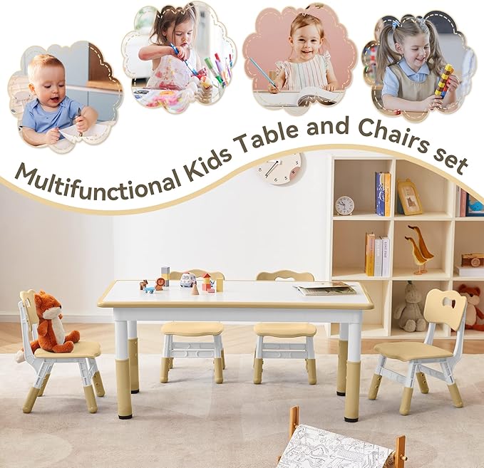 Kids Study Table and Chairs Set, Height Adjustable Toddler Table and Chair Set for Kids Ages 3-8, Graffiti Desktop (Light Brown)-Ruum Studio Home