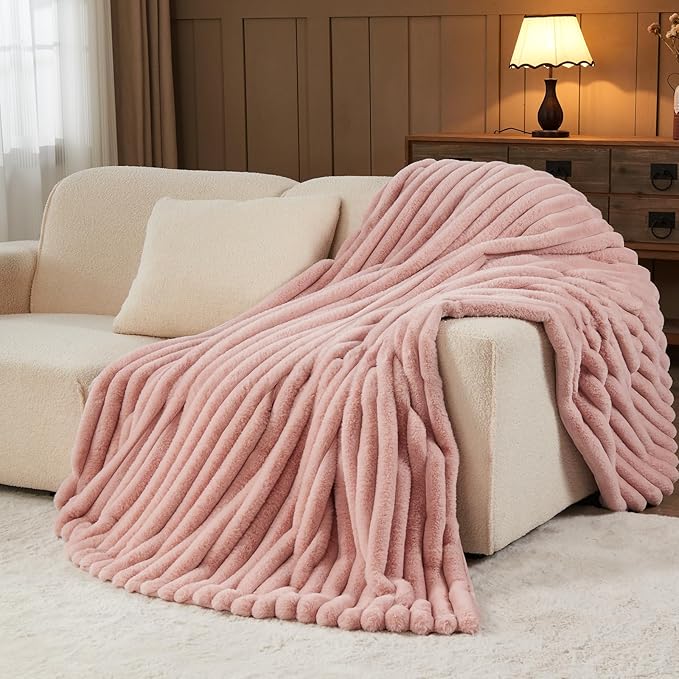 NEWCOSPLAY Faux Fur Throw Blanket Pink 3D Ribbed Plush Thick Warm Blanket for Couch Sofa Bed 850GSM (Pink Ribbed, Throw(50"x60"))-Ruum Studio Home
