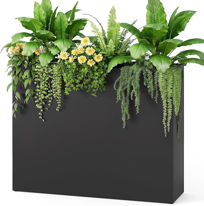 Stoog 38" Metal Tall Rectangular Planter - All-Weather Planter Box for Indoor/Outdoor Use, with Removable Insert Shelf, and Modern Design for Plants, Flowers, Garden, Black-Ruum Studio Home
