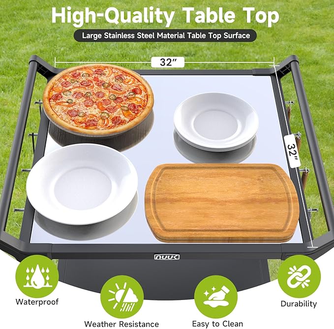 NUUK Grill Cart for Outdoor 32" x 32" Stainless Steel Pizza Oven Table with Double-Shelf Rolling BBQ Kitchen Food Prep Cart for Garden Patio-Ruum Studio Home