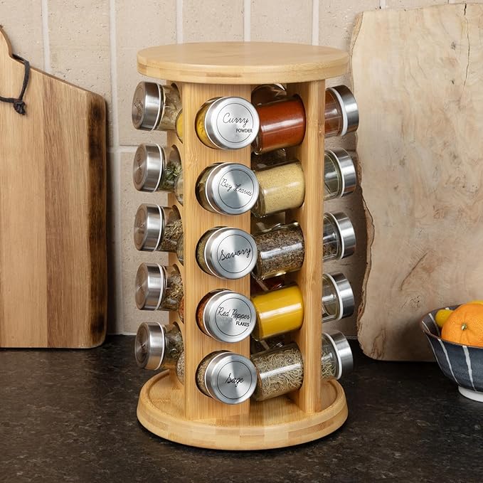 Orii 20 Jar Bamboo Spice Rack with Spices Included - Rotating Tower Organizer for Kitchen Spices and Seasonings, (Bamboo Wood)-Ruum Studio Home