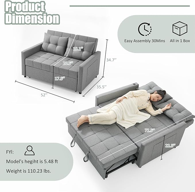 52" Sleeper Sofa with Pull-Out Bed, 3-in-1 Convertible Sofa Bed, Loveseat with Stepless Adjustable Backrest and Side Pocket, for Living Room Dorm Apartment, Linen, Light Gray-Ruum Studio Home