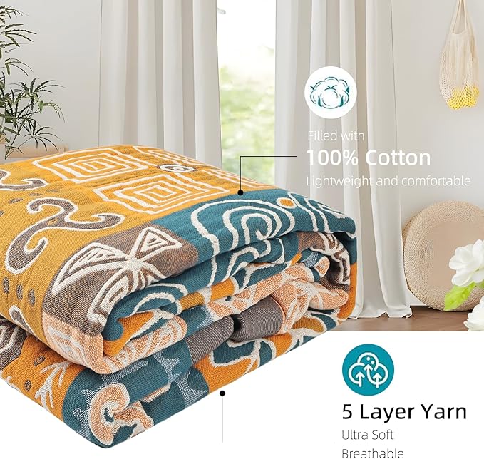Boho Throw Blanket for Bed - 100% Pure Cotton Ultra Soft Rustic Quilt - Farmhouse Decor Bed Blankets, All Season Rustic Throw for Sofa Couch Chair(91''x 98'', Art Squares)-Ruum Studio Home