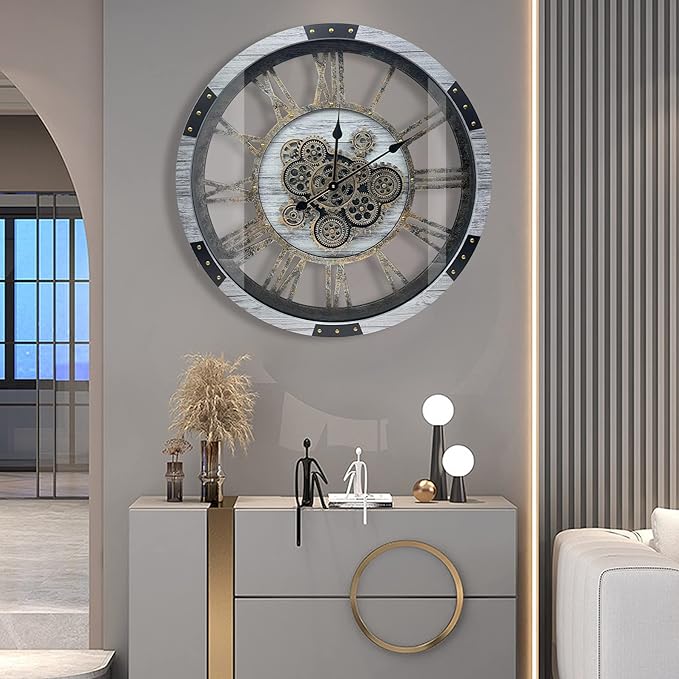 DORBOKER 36" Original Moving Gears Wall Clock, Large Industrial Wall Clock for Living Room Decor, Retro Metal Solid Wood Vintage Farmhouse Steampunk Rustic Clocks for Wall Decor,Silver Grey-Ruum Studio Home
