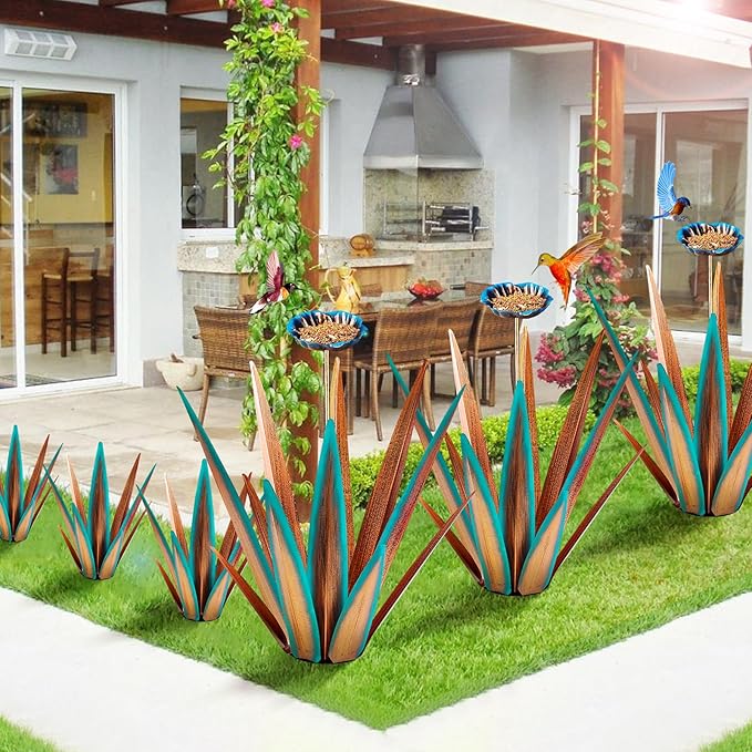 Large Tequila Rustic Sculpture, Rustic Metal Agave Plants for Outdoor, Home Decor Garden Yard Statue (Blue - L (W/Bird Feeder))-Ruum Studio Home